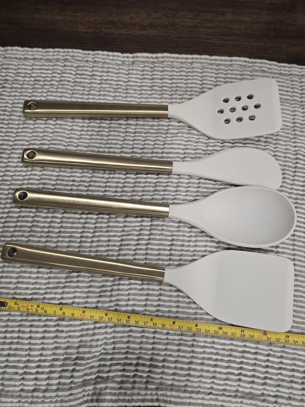 Figmint 4pc Silicone Utensil Set White/Gold Stainless Handles, Hanging Hole